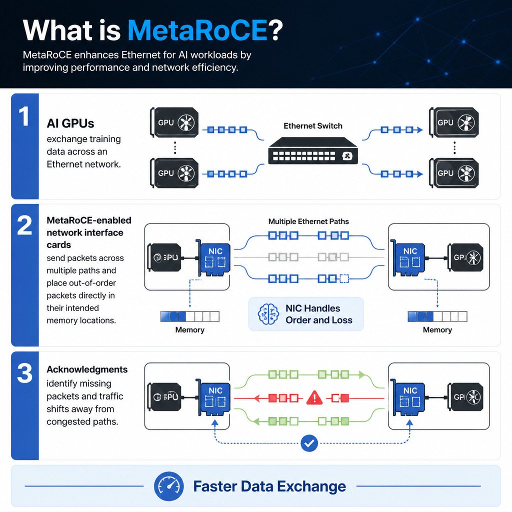 Flow diagram showing MetaRoCE sending AI data over multiple Ethernet paths and handling out-of-order or missing packets at the network interface card.