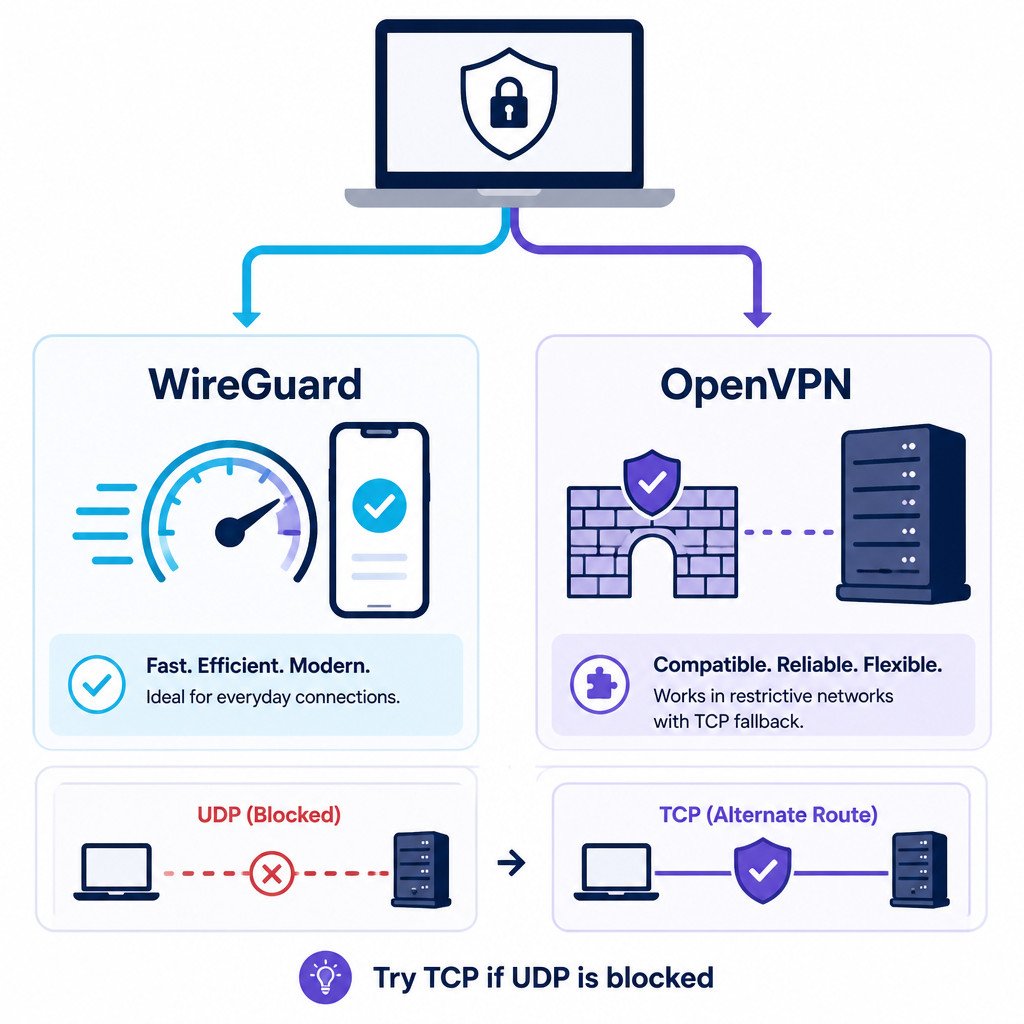 WireGuard vs OpenVPN: Which VPN Protocol Should You Use? 1 VPN protocol decision guide showing WireGuard for everyday use and OpenVPN TCP as a fallback when UDP is blocked.