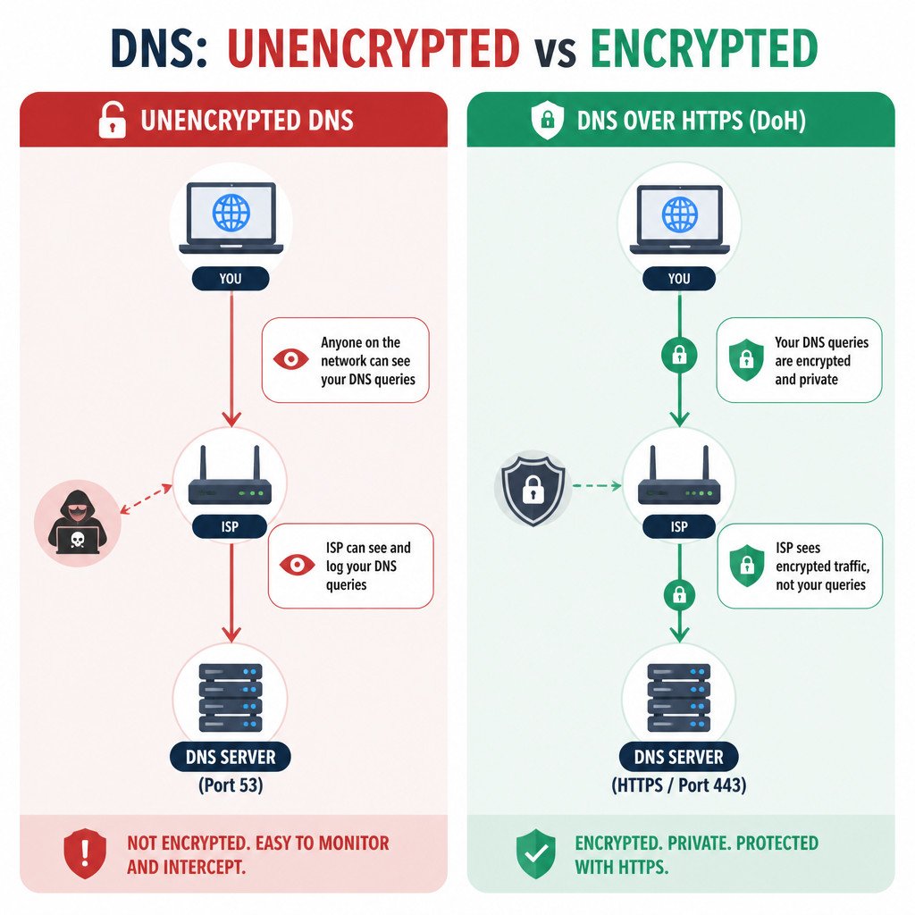 Infographic comparing unencrypted DNS queries vs encrypted DNS over HTTPS protection