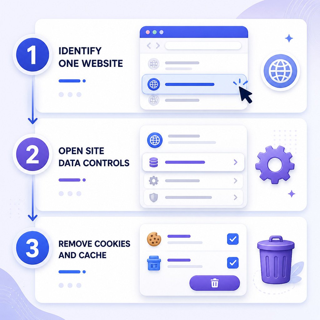How to Clear Cache and Cookies for One Website in Firefox 1 Infographic showing how to remove cookies and cache for one Firefox website.