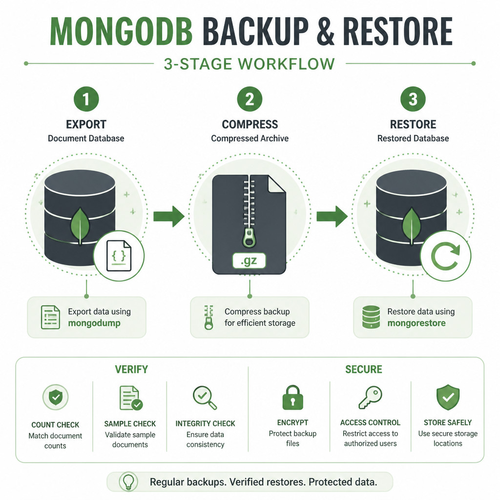 How to Back Up and Restore MongoDB with mongodump and mongorestore 1 MongoDB backup, restore, and verification workflow