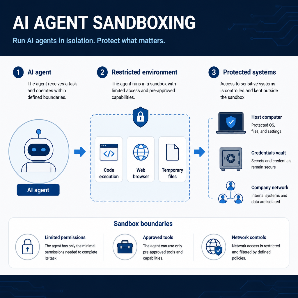 Infographic showing an AI agent working in a restricted sandbox while host systems and credentials remain outside the boundary.