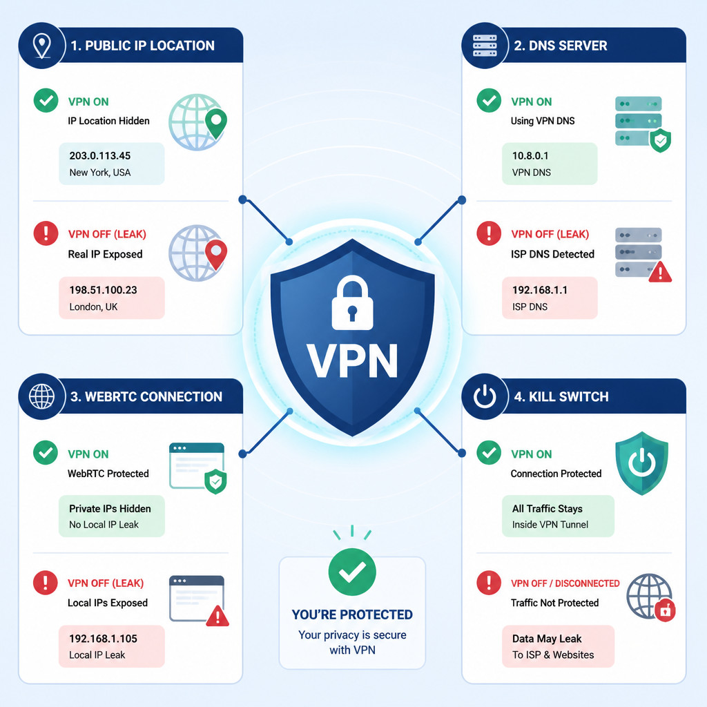 VPN leak testing checklist for IP, DNS, WebRTC, and kill switch protection
