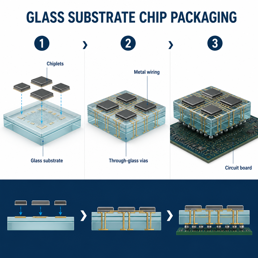 Infographic showing chiplets connected by metal wiring and through-glass vias in a glass-substrate chip package.