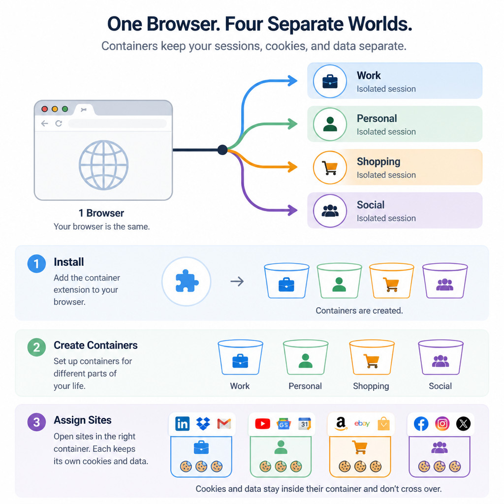 Firefox container setup and browsing isolation workflow