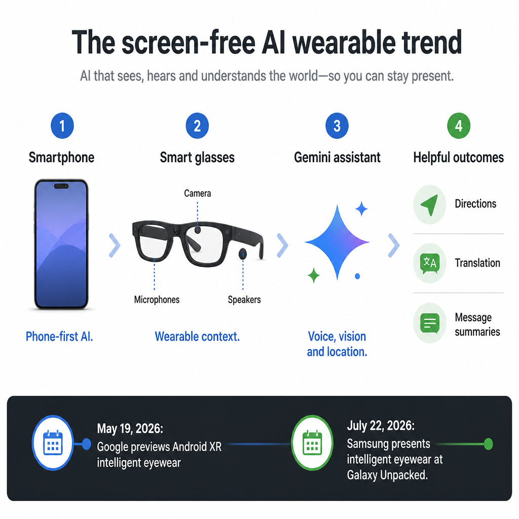 Infographic showing how AI assistance shifts from smartphones to smart glasses using voice, vision and location context.