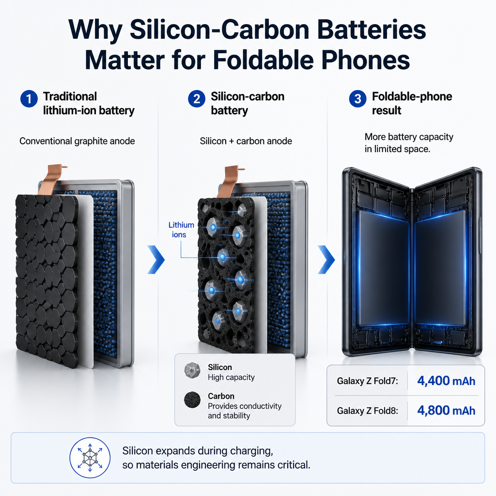 Infographic comparing graphite and silicon-carbon battery anodes and showing the Galaxy Z Fold8 battery capacity increase.