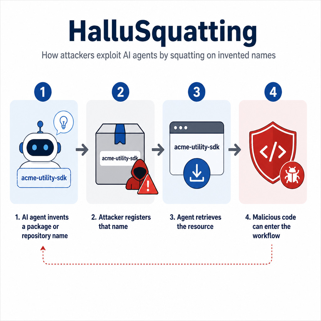 Four-step diagram showing how an AI agent can hallucinate a software name that an attacker has registered.