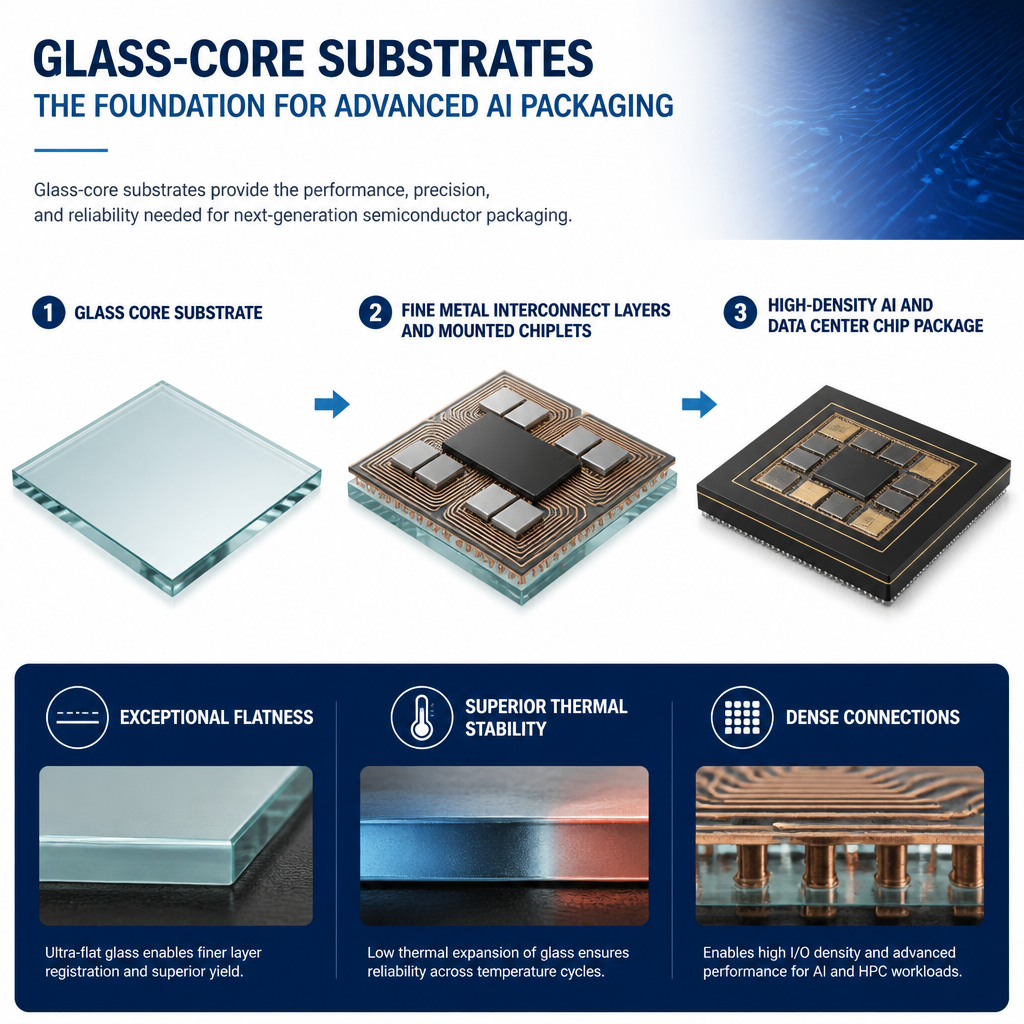 Infographic showing how a glass-core substrate supports dense connections between chiplets in an advanced semiconductor package.