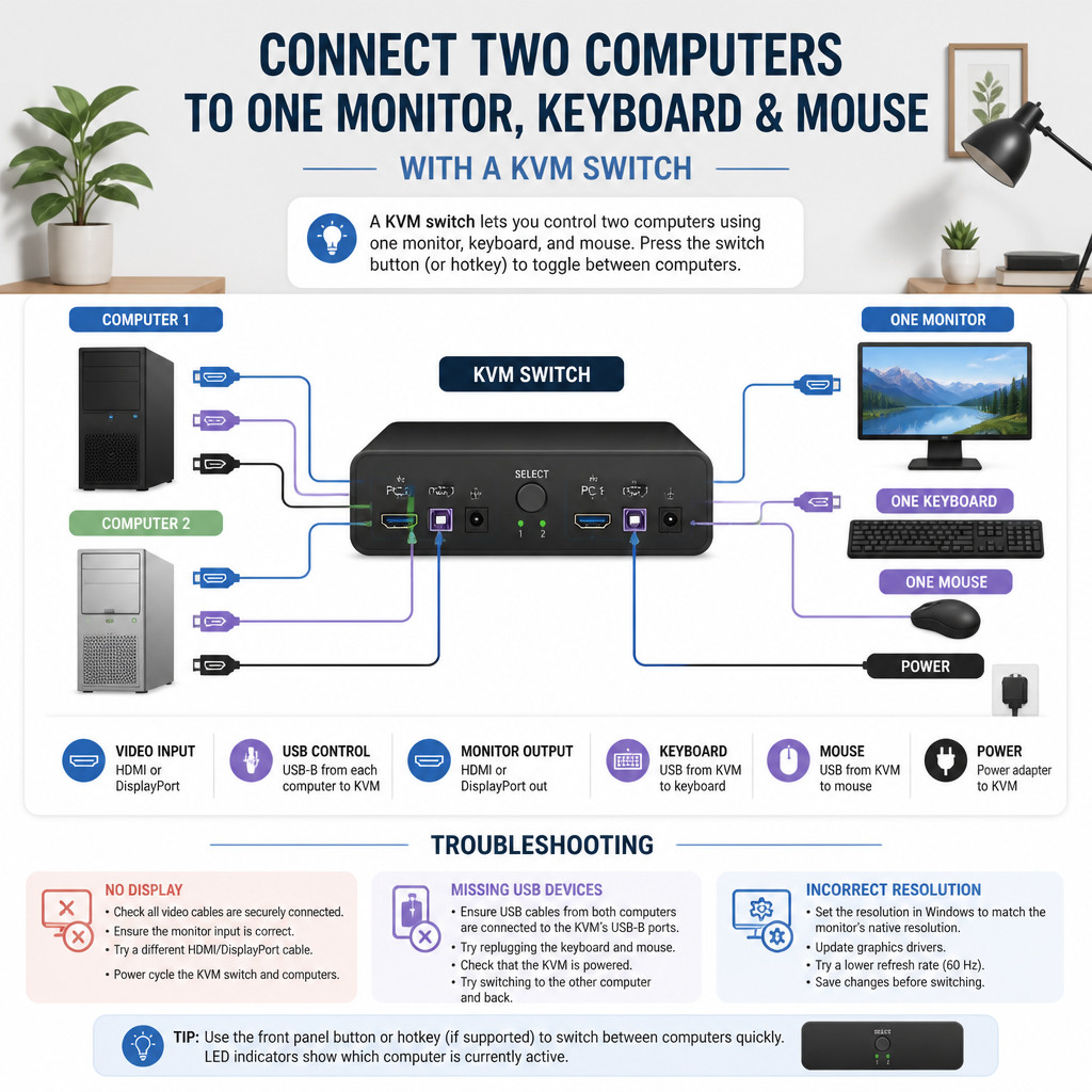 How to Set Up a KVM Switch for Two Computers and One Monitor 1 output1