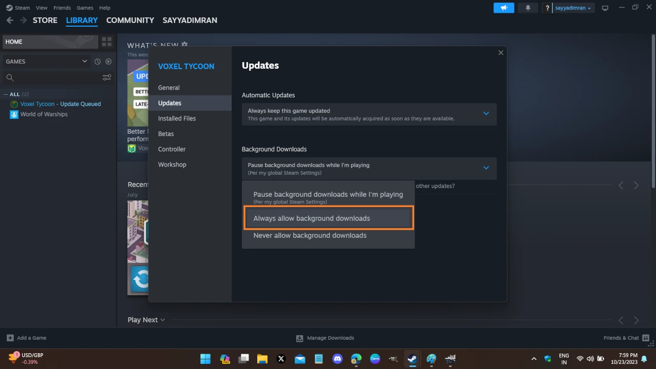 How To Allow Steam To Download While Playing? 2 pergame background download settings in steam