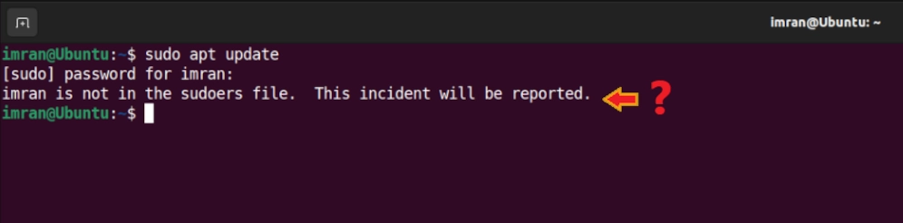 Fixing "Username is not in the sudoers file" Error in Ubuntu 22.04 Installed in Virtual Box 2 Username is not in the sudoers file